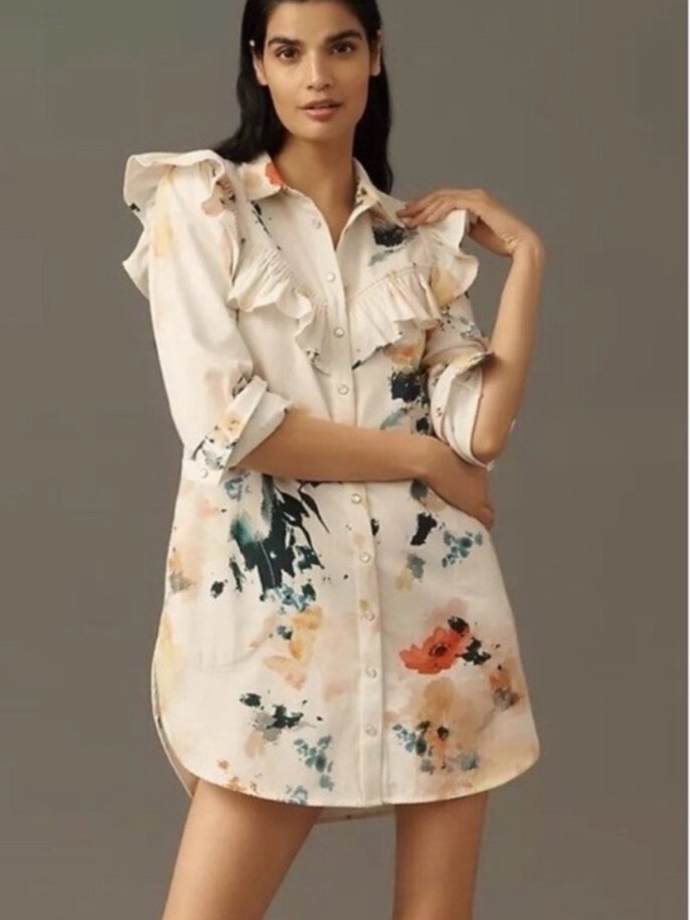 Pilcro Long-Sleeve Ruffled Denim Mini
Shirt Dress